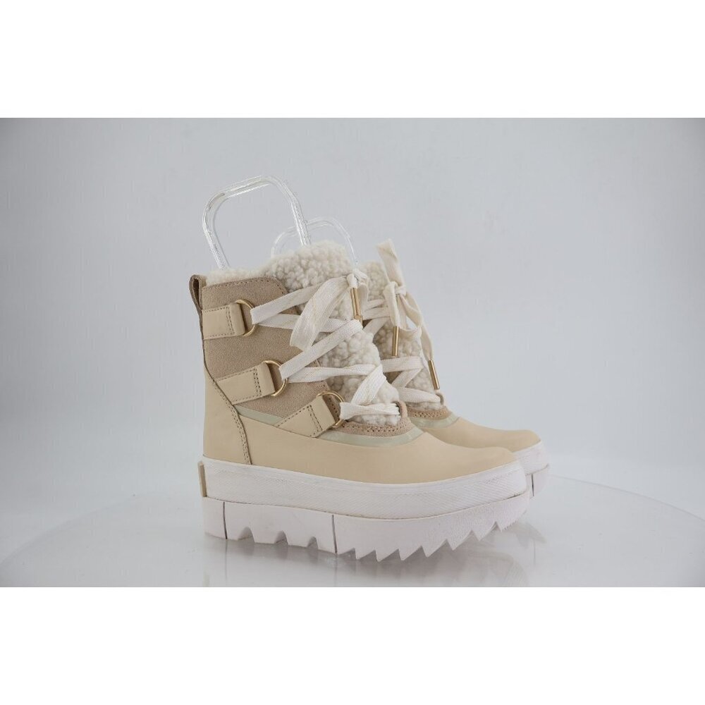 SOREL Joan of Arctic Next Boots Lug Sole Beige Leather Faux Fur Lined Size 5
